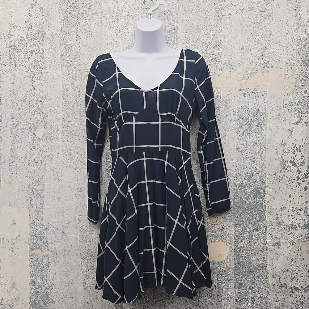 Abercrombie & Fitch Navy Blue Windowpane Grid Long Sleeve Skater Mini Dress M